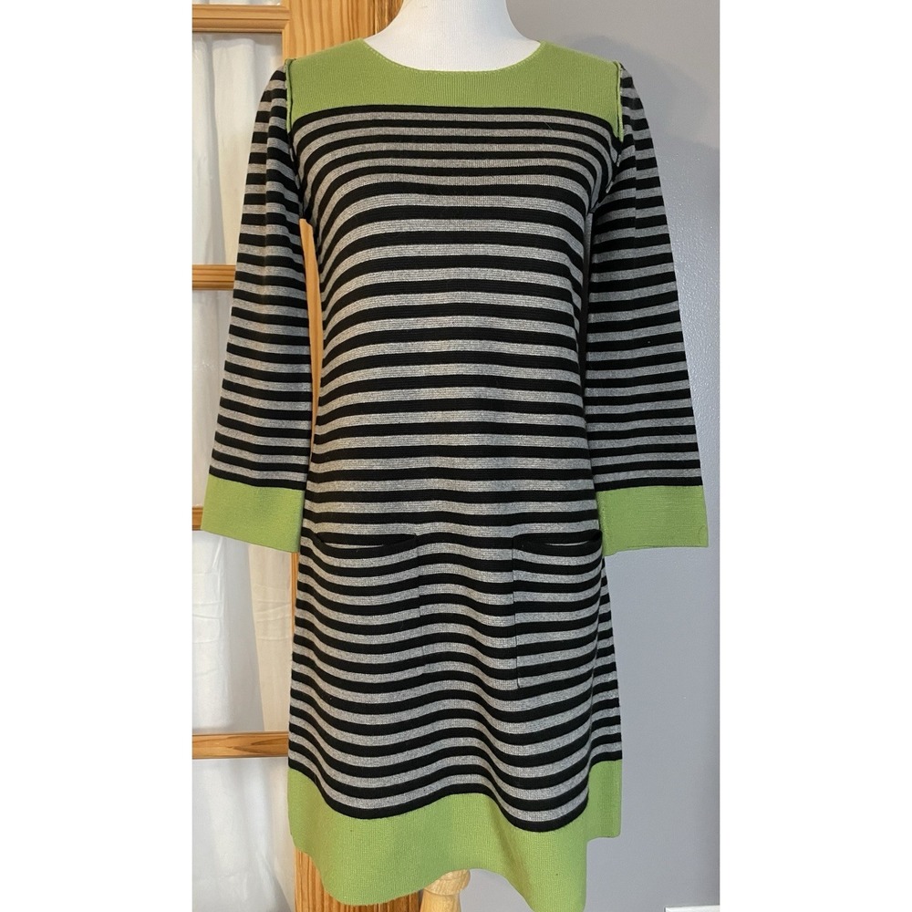 Y2K Jessica Howard Sweater Dress Sz S Green Gray Stripes Pockets Preppy Classic